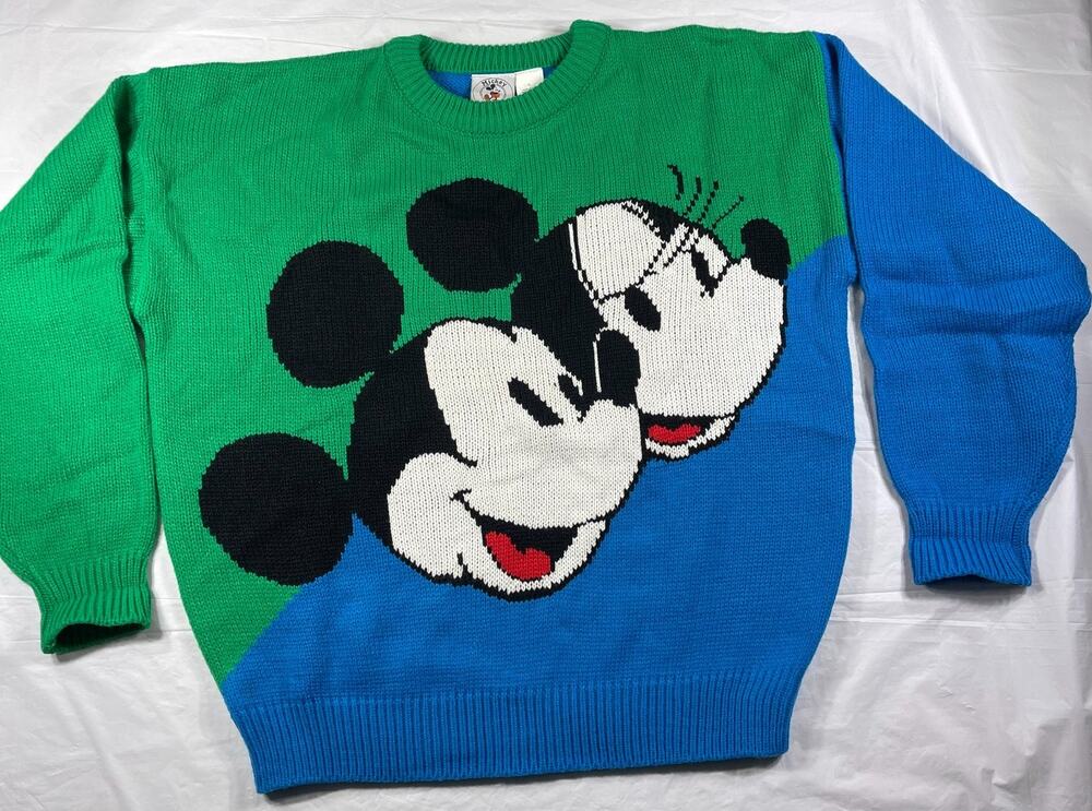 Vintage Mickey & Co Disney Knit Sweater Mens Large Blue Green Graphic Crewneck
